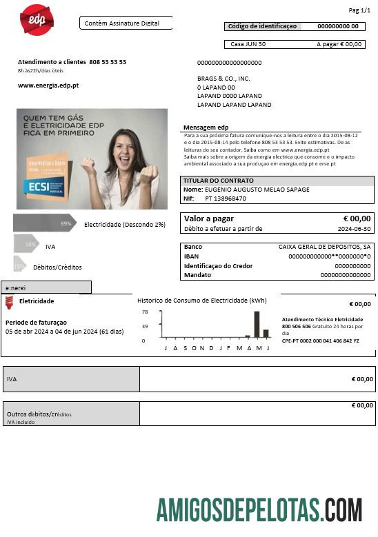 Em branco modelo de fatura de serviços públicos de eletricidade da EDP Portugal em formatos Word e PDF